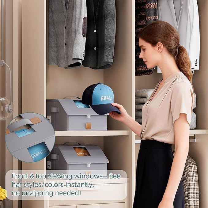 FHSQX Hat Organizer for Baseball Caps Stackable Storage Bins With Clear Window Lid Holds 12 Caps Space-Saving Hat Boxes for Closet (Deep Grey, (17.7 * 9.1 * 7.1in)*1)
