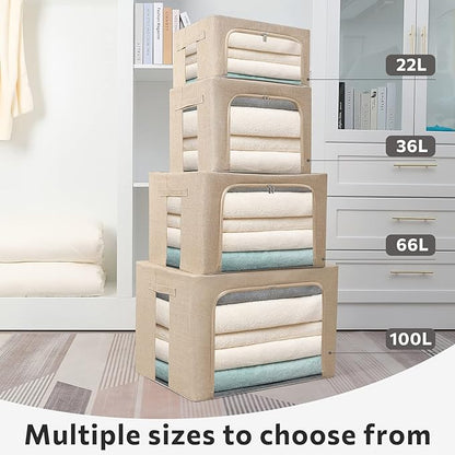FHSQX Extra Large Clothes Storage Bins Foldable Metal Frame Storage Box Stackable Linen Fabric Box Organizer Set with Carrying Handles and Clear Window (Beige, 23.6x 16.5x 15.7 Inch)