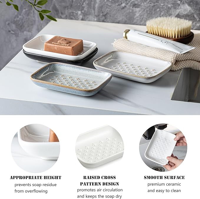 Gomakren Ceramic Soap Dish, Non-Slip Shower Soap Holder for Bathroom & Kitchen Sink, Bathroom Decor, Soap Saver Tray for Bar Soap Sponge, 5.5 Inch, White