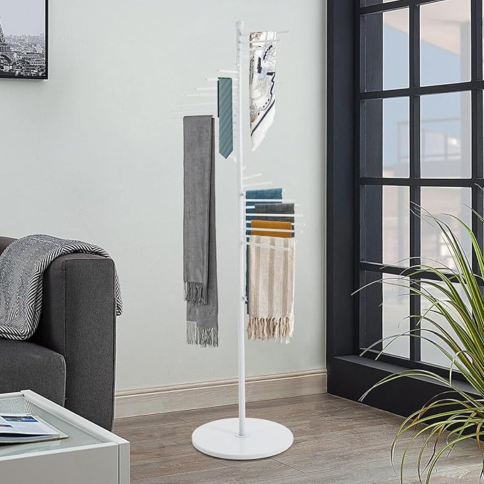 Freestanding Scarf Racks, Spiral Scarf Organizer Stand with 30 Hanger Rods, Metal Scarf Display Holder with Heavy Base for Clothing Store for Space Saving Shelves (White)