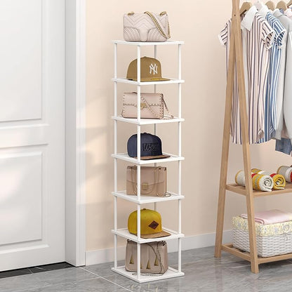 MHXW SXPN Bamboo Free Standing Shoe Rack Shelf Multi Tier Tall Wooden Stackable Shoes Rack Organizer for Closet Front Door Entrance Narrow Vertical Shoe Storage (White, 7 Tiers)