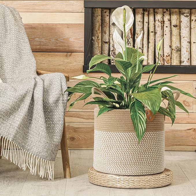 CHICVITA Large Wicker Jute Woven Storage Basket with Handles – Blanket Laundry Basket for Toys Towels Home Decor, White, 14" x 14" x 12"