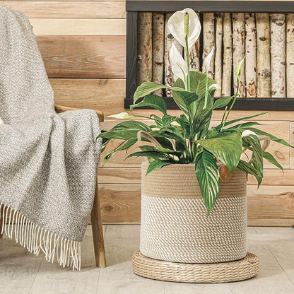 CHICVITA Large Wicker Jute Woven Storage Basket with Handles – Blanket Laundry Basket for Toys Towels Home Decor, White, 14" x 14" x 12"