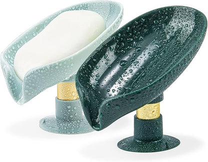 2 Pack Soap Holder, Self Draining Soap Dish Holder, Not Punched Easy Clean Bar Soap Holder, with Suction Cup Soap Dish Suitable for Shower, Bathroom, Kitchen Sink (Dark + Light Green)