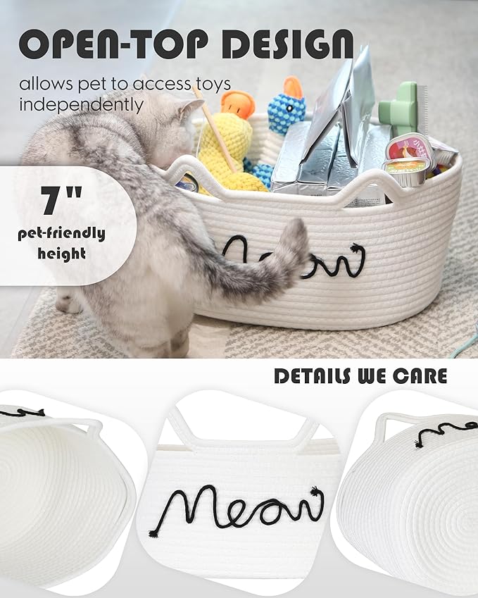 Sea Team Cat Toy Basket with Handles, 16.5 x 11 x 7 Inches, 4.4 Gallons Large Cotton Rope Storage Bin, Box, Shelf Organizer for Pet Chew Toys, Foods, White Meow