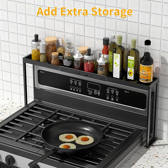 Spice Rack Shelf for Kitchen Stove, Adjustable 27 to 33 Inch Spice Rack Organizer, 4 Level Adjustable Height Stove Top Shelf for Kitchen, Over the Stove Shelf for Curved Stove, Black