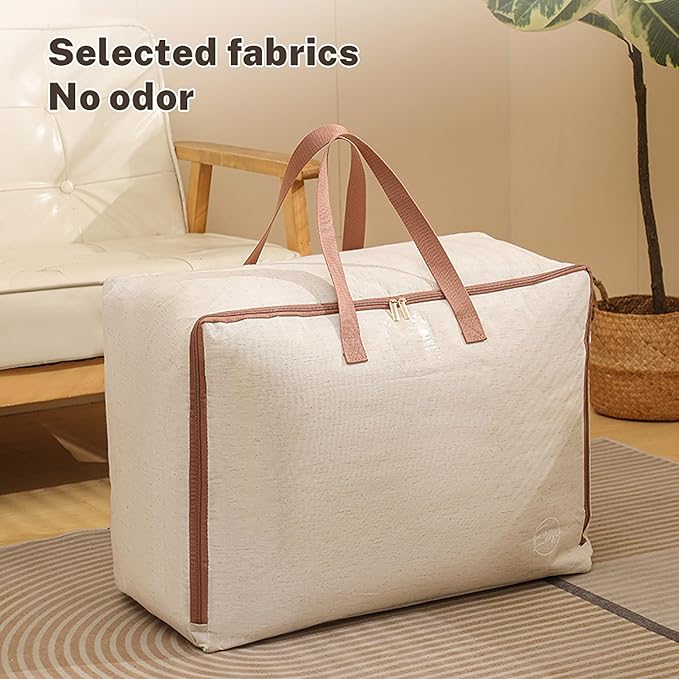 50L Storage Bag for Clothes, Comforters, Blankets, Bedding, Pillows, Stuffed Toys, Jackets with Sturdy Handles, Clear Label Tag, Zippered, for use at Home, Travel or Move, 20x15x10 (Beige, Medium)