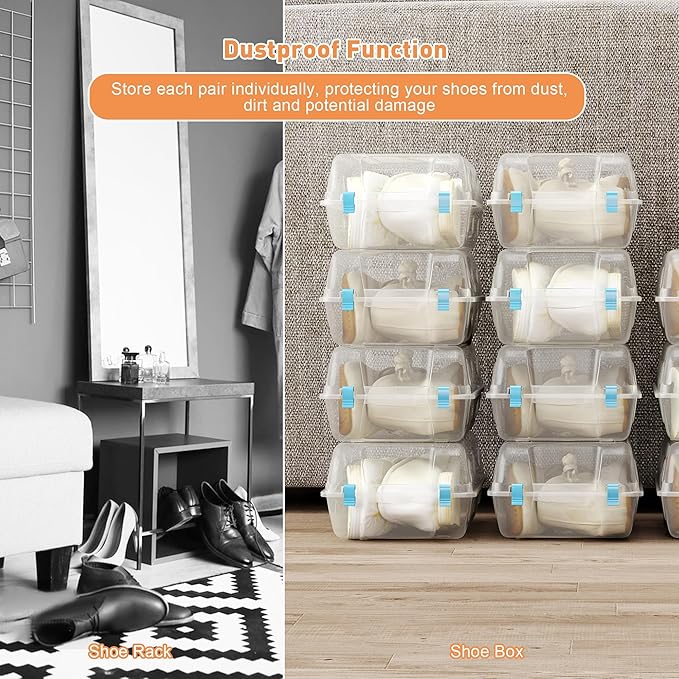 Shoe Organizer for Closet, 4 Pack Plastic Shoe Storage Boxes, Space Saving Stackable Shoe Storage Bins, Sneaker Storage Containers with Clear Lids for Display, Blue