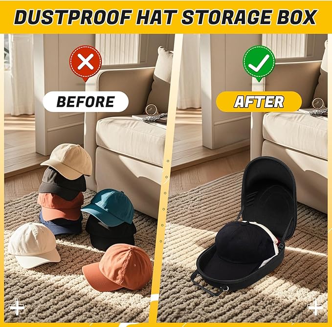 Hat Travel Case,Hat Case for Baseball Caps with Carrying Handle and Adjustable Shoulder Strap,Organizer Protects up to 6 Hats, Box for Travel and Home Storage(Black)