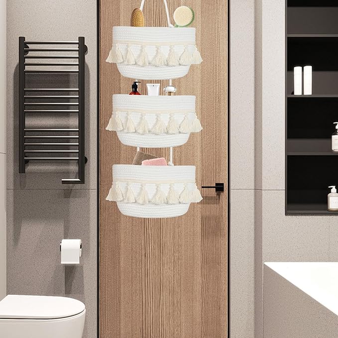Over the Door Organizer Nursery - Cotton Boho Decor 3 Tier Wall Hanging Basket, Decorative Hanging Storage Organizer for Nursery Bathroom Bedroom Laundry Dorm Kitchen