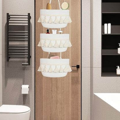 Over the Door Organizer Nursery - Cotton Boho Decor 3 Tier Wall Hanging Basket, Decorative Hanging Storage Organizer for Nursery Bathroom Bedroom Laundry Dorm Kitchen