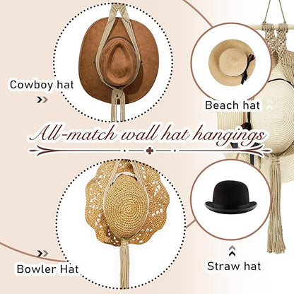 Yulejo Macrame Hat Hangers Racks Boho Cowboy Hats Holders Western Display Organizer Storage decor Back of Door for Wall