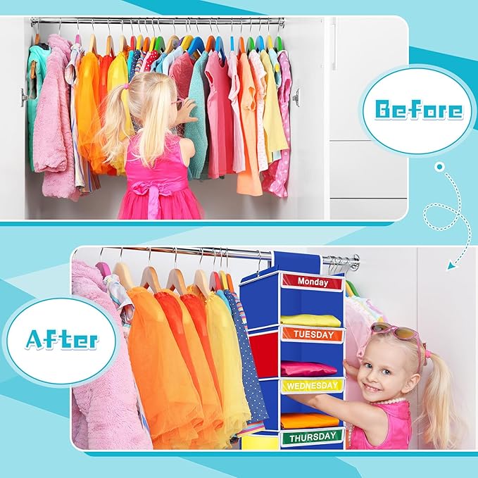 2 Pack 6 Shelves Weekly Hanging Closet Organizer 11.8 x 11.8 x 42.5 Inches Daily Activity Kids Clothes Storage Organizer Drawers Kids Hanging Cube Organizer Drawers Closet Hanging Shelves
