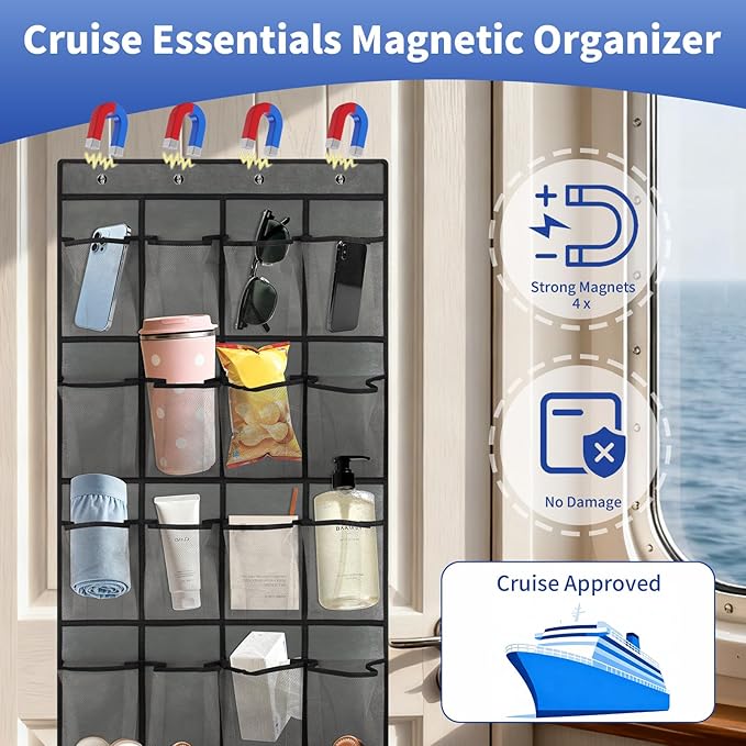 Over The Door Organizer for Cruise Ships 24 Pockets Door Organizer Hanging Magnetic Organizer Travel Hanging Storage Cruise Must Haves Cruise Ship Essentials (Grey)