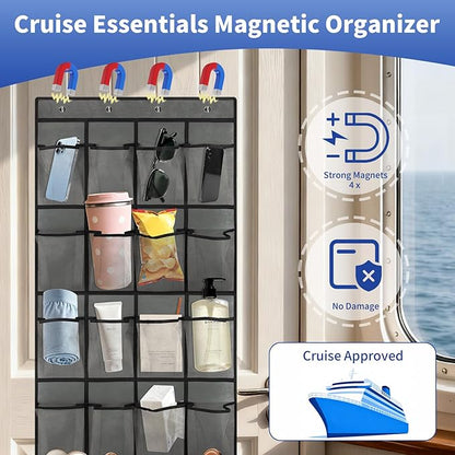 Over The Door Organizer for Cruise Ships 24 Pockets Door Organizer Hanging Magnetic Organizer Travel Hanging Storage Cruise Must Haves Cruise Ship Essentials (Grey)