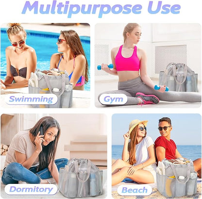 famichan Mesh Shower Caddy Portable with Drawstring, Dorm Room Essentials for College Students, Grey Shower Bag for Camping,Swimming,Gym,Travel,Bathroom