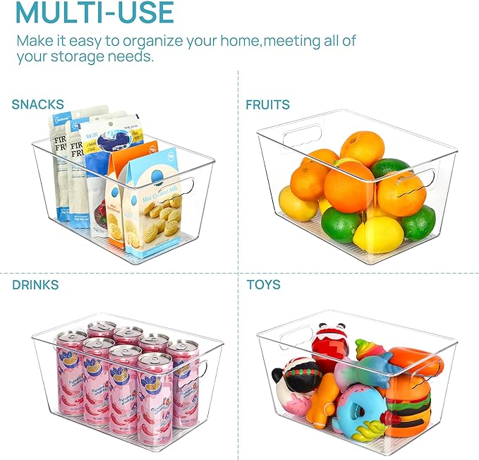 Vtopmart Clear Plastic Storage Bins, 6 PCS Pantry Organizer Bins with Handle for Refrigerator, Fridge, Cabinet, Kitchen, Countertops, Cupboard, Freezer Organization and Storage, Large
