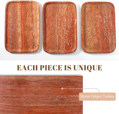 Koville Red Travertine Tray, 12"x8" Natural Stone Vanity Tray for Countertop Bathroom Kitchen Dresser, Decorative Marble Catchall Trays for Perfume Jewelry, Rectangular Serving Tray