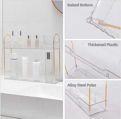 YCIA&DONE 2 Tiers Narrow Vanity Makeup Organizer, Bathroom Organizer Countertop Slim, Perfume Holder Skincare Storage Cosmetic Shelf Spice Rack, for Small Desktop Space, White Clear