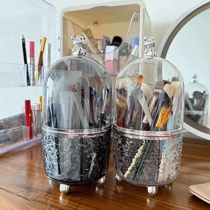 Dezzer Makeup Brush Holder with Lid, 360 Rotating Dustproof Make Up Organizers, 6 Slot Make up Brush Holder for Vanity Bathroom Countertop Office, Clear