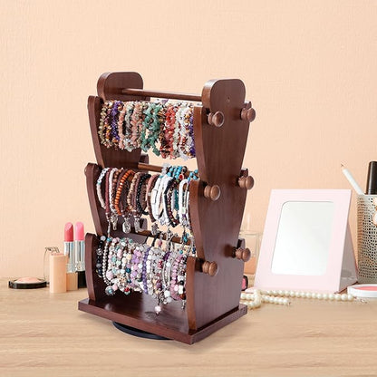 Two-Sided Rotating Wooden Jewelry Bracelet Holder Stand – 3-Tier Display with 6 Removable Bars for Bracelets, Bangles, Watches & Accessories – Brown Wooden Organizer for Home or Retail Showcase