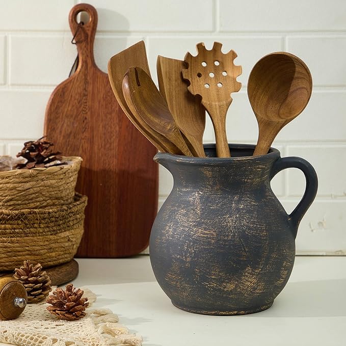 MIYUKI Rustic Kitchen Utensil Holder - 7.6 Inch Ceramic Utensil Crock for Countertop, Vintage Kitchen Counter Decor