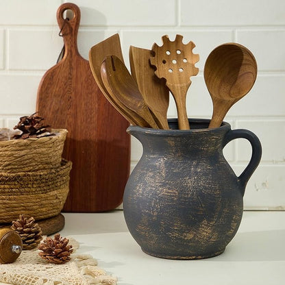 MIYUKI Rustic Kitchen Utensil Holder - 7.6 Inch Ceramic Utensil Crock for Countertop, Vintage Kitchen Counter Decor