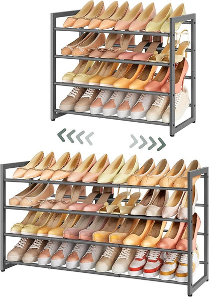 FAVOOSTY 4-Tier Expandable Shoe Rack, Adjustable Shoe Shelf Storage Organizer Space Saving Metal Free Standing Shoe Rack for Entryway Closet Doorway, Silver Grey