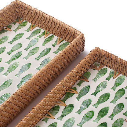 2 Pack Rattan Bathroom Vanity Tray with Mother of Pearl Inlay, Toilet Tank Tray, Toilet Basket Tank Topper, Bathroom Basket for Organizing and Decor (Green Fish)