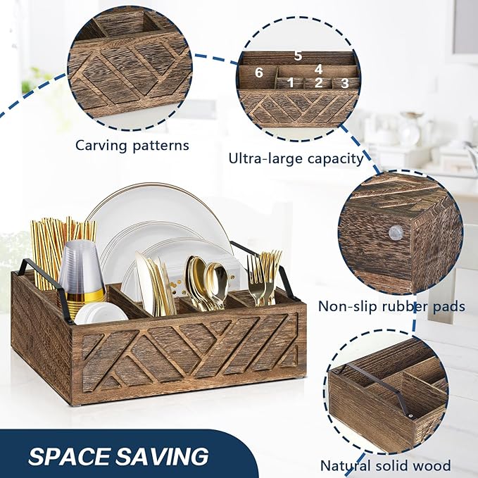 Ukonvi Flatware Organizers Paper Plate Dispenser with Handles, Paper Plate Holder for Kitchen Counter, Wood Rustic Silverware Utensil Caddy, Brown