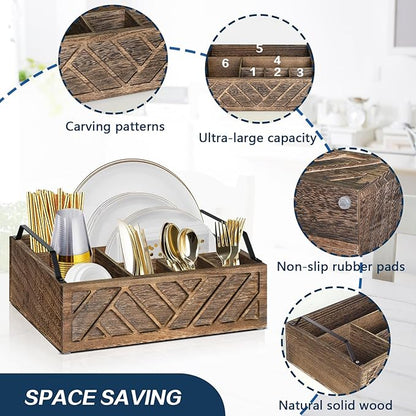 Ukonvi Flatware Organizers Paper Plate Dispenser with Handles, Paper Plate Holder for Kitchen Counter, Wood Rustic Silverware Utensil Caddy, Brown