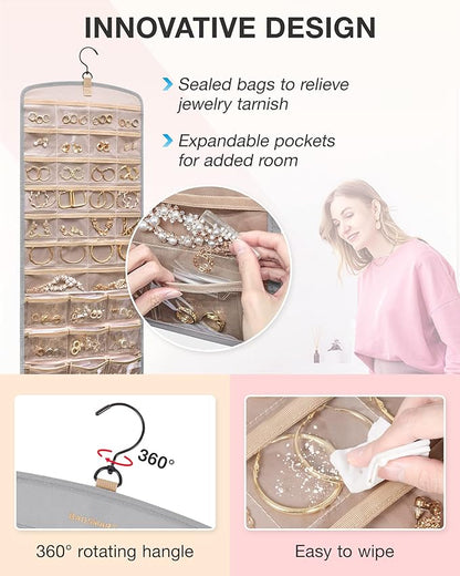 BAGSMART Hanging Jewelry Organizer, Necklace Holder Anti-tangle Earrings Rings Hanger with 20 Jewelry Bags Travel Storage Roll with Pockets Hang on Closet, Wall, Door,1 Piece, Large Grey