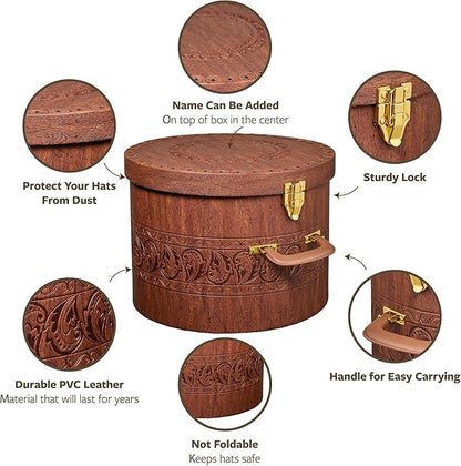 Creative Scents Large Hat Box for Men & Women Storage- Round Hat Box Container Easy Travel with Gold locking Lid and Sturdy Handle Great for Carrying & Protecting Round Hats and Caps. (Brown)