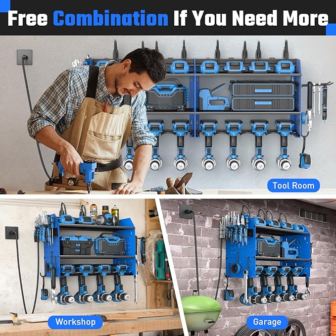 ZESEN Power Tool Organizer with Charging Station, Heavy Duty 4 Layer Drill Holder Wall Mount Garage Shelf Rack with 6 Outlet Power Strip, Tool Shelf with Hooks, Drill Bit Rack for Garage, Blue