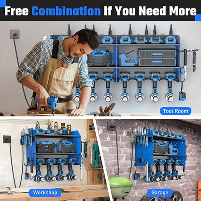 ZESEN Power Tool Organizer with Charging Station, Heavy Duty 4 Layer Drill Holder Wall Mount Garage Shelf Rack with 6 Outlet Power Strip, Tool Shelf with Hooks, Drill Bit Rack for Garage, Blue