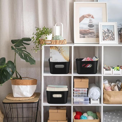 Leinuosen 21 Pack Plastic Storage Baskets Plastic Storage Bins Pantry Organizer Bins for Kitchen Freezer Cabinet Closet Bathroom Under Sink Laundry Room Bedrooms Countertops Shelve(Black)