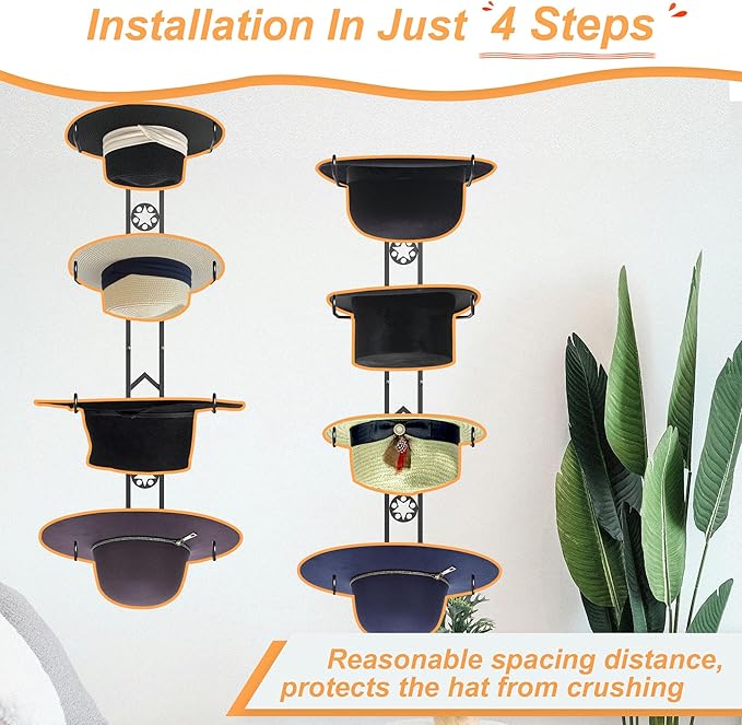 Cowboy Hat Organizer Hangers for Wall, Western Hat Rack Wall Mounted with Decorative Star, Metal Cowboy Hat Holder for Western, Cowboy, Beach, Fedora, Sun Hats (4 Pack)