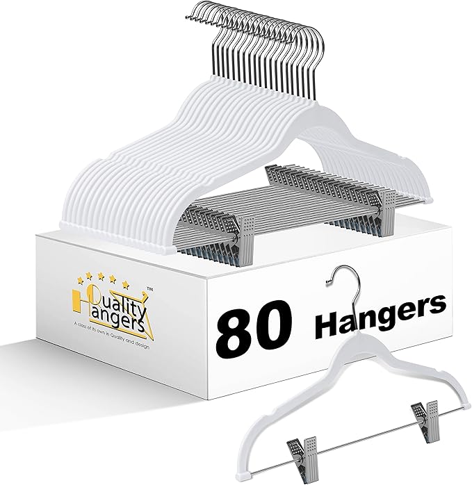 80 Pack White Quality Plastic Non Velvet Non-Flocked Thin Compact Coat Hangers with Metal Clips for Skirts Pants Blouses 360° Swivel Hook