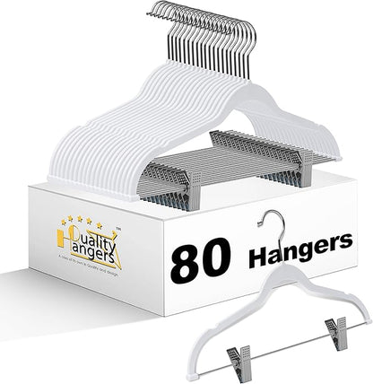 80 Pack White Quality Plastic Non Velvet Non-Flocked Thin Compact Coat Hangers with Metal Clips for Skirts Pants Blouses 360° Swivel Hook