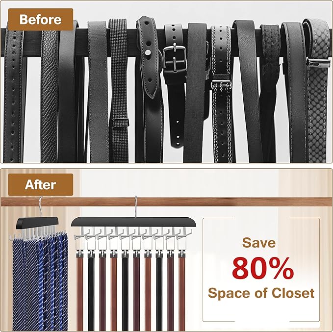 Tie Rack Hanger for Closet, 2 in 1 Belt Tie Hangers with 20 Folding Hooks, 360 Degree Rotating Wooden Tie Holder Organizer for Men Ties Belts Scarves Tank Tops Accessories, Black (1 Pack)