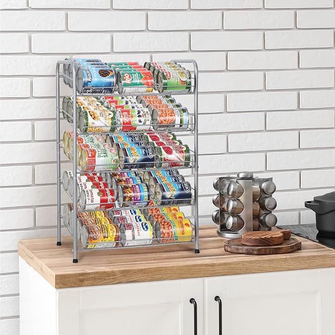 MOOACE Can Rack Organizer, 5 Tier Can Storage Dispenser Holds up to 60 Cans, Can Organizer, Great for The Pantry Shelf, Kitchen Cabinet or Counter-top, Cabinet, Canned Food Organizer, Silver