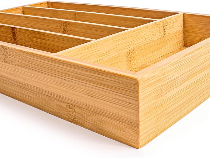 BergHOFF Bamboo Flatware Organizer 5-slot, 13.5" x 8.25", Natural, Fit in any size of drawer, great for spoons, forks, knives, scissors, peelers, chef tools