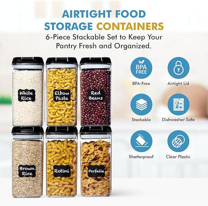 Shazo Airtight Food Storage Containers with Lids - 6 PC BPA Free Clear Plastic Cereal Containers with Easy Lock Lids for Kitchen and Pantry Organization for Snacks and Pasta - 1.2L