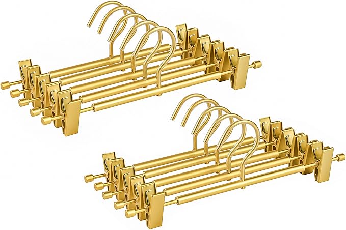 Amber Home 10 Pack Matte Gold Aluminum Pants Hangers, 12.2” Extra Smooth Metal Skirt Hangers with 2 Adjustable Non-Slip Clips, Light & Sturdy Metal Hangers for Shorts, Trousers & Slacks