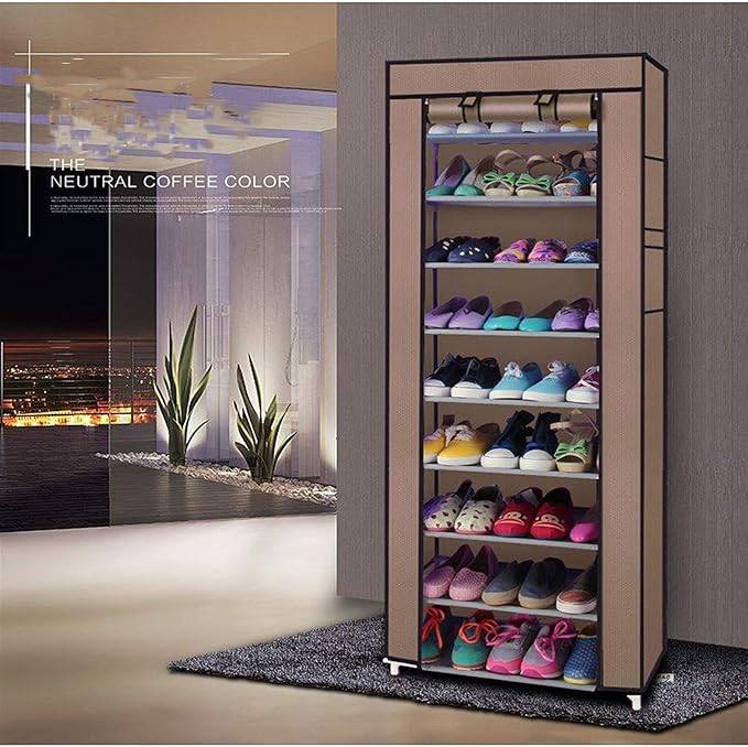 lapday 10 Tier Shoe Rack with Covers, Narrow Tall Shoe Shelf with Side Pocket, Free Standing Shoe Storage Cabinet for Closet Hallway,Bedroom,Entryway (Coffee)