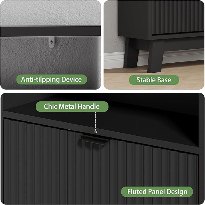 Xixini Shoe Cabinet with 4 Flip Drawers, 46" Tall Narrow Fluted Shoe Storage Organizer for Entryway, Hidden Slim Wooden Shoe Rack Cabinet for Front Door Entrance, Hallway, Living Room, Solid Black