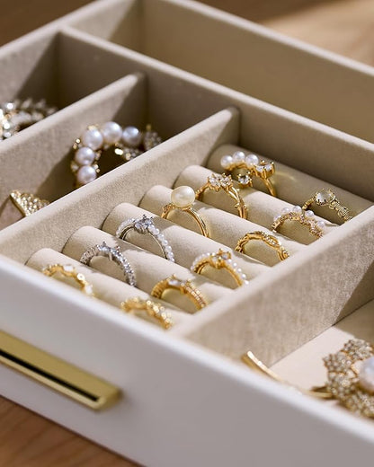 pickpiff Jewelry Box Organizer Case for Women: 4-Layer Jewelry Storage Case with Glass Window, Pure White Leather with Velvet Holder for Ring Necklace Bracelet Brooch Watch, Great Gift for Her