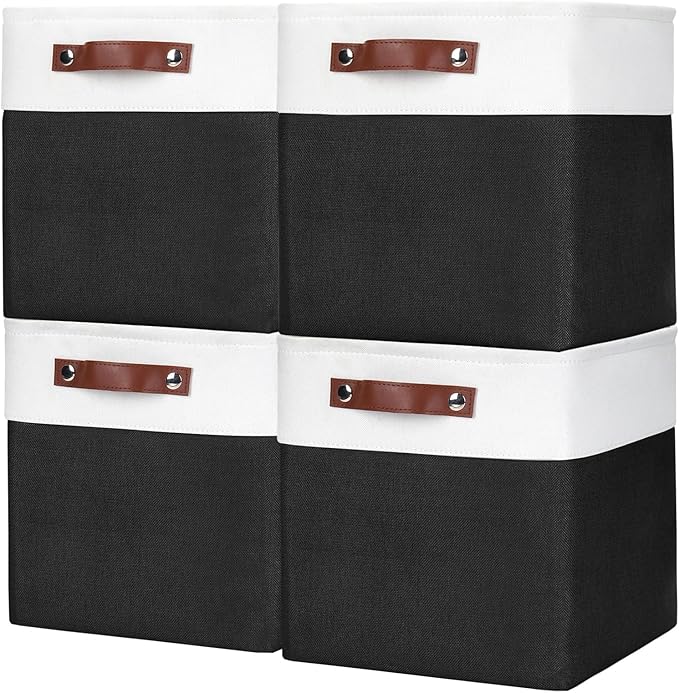 Bagnizer Collapsible Fabric Storage Cubes 11x11 Cube Storage Bins, 4 Pack Closet Baskets Box with Handles for Organizing, Shelf, Toys, Clothes, Home, Office, Nursery (Black&White)
