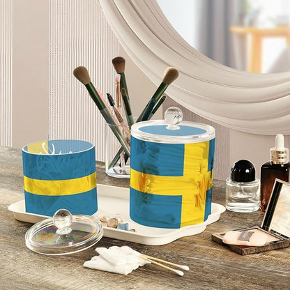 DOMIKING Sweden Flag 2 Pack Bathroom Canisters Cotton Swab Holder Dispenser Plastic Cotton Ball Jar Acrylic Storage Containers for Cotton Ball Cotton Swab Cotton Round Pads