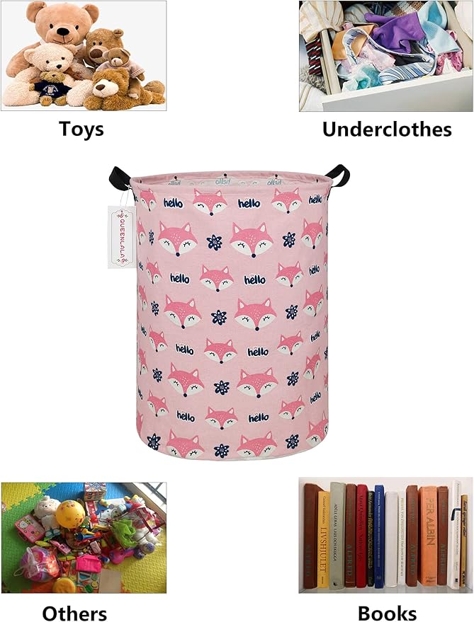 QUEENLALA Large Storage Basket,Laundry Hamper/Bathroom/Home Decor/Collapsible Round Storage Bin,Boys and Girls Hamper/Boxes/Clothing(Round-Pink Fox)